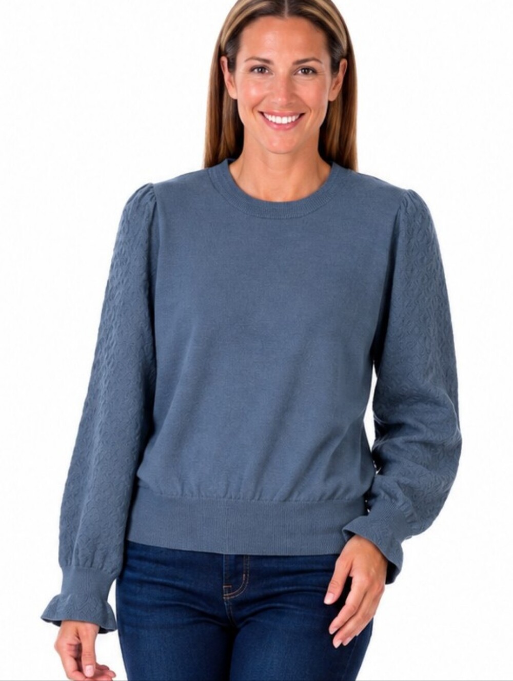 Zac & Rachel XL Chambray Blue Puff Sleeve Ruffle Sweater NWT